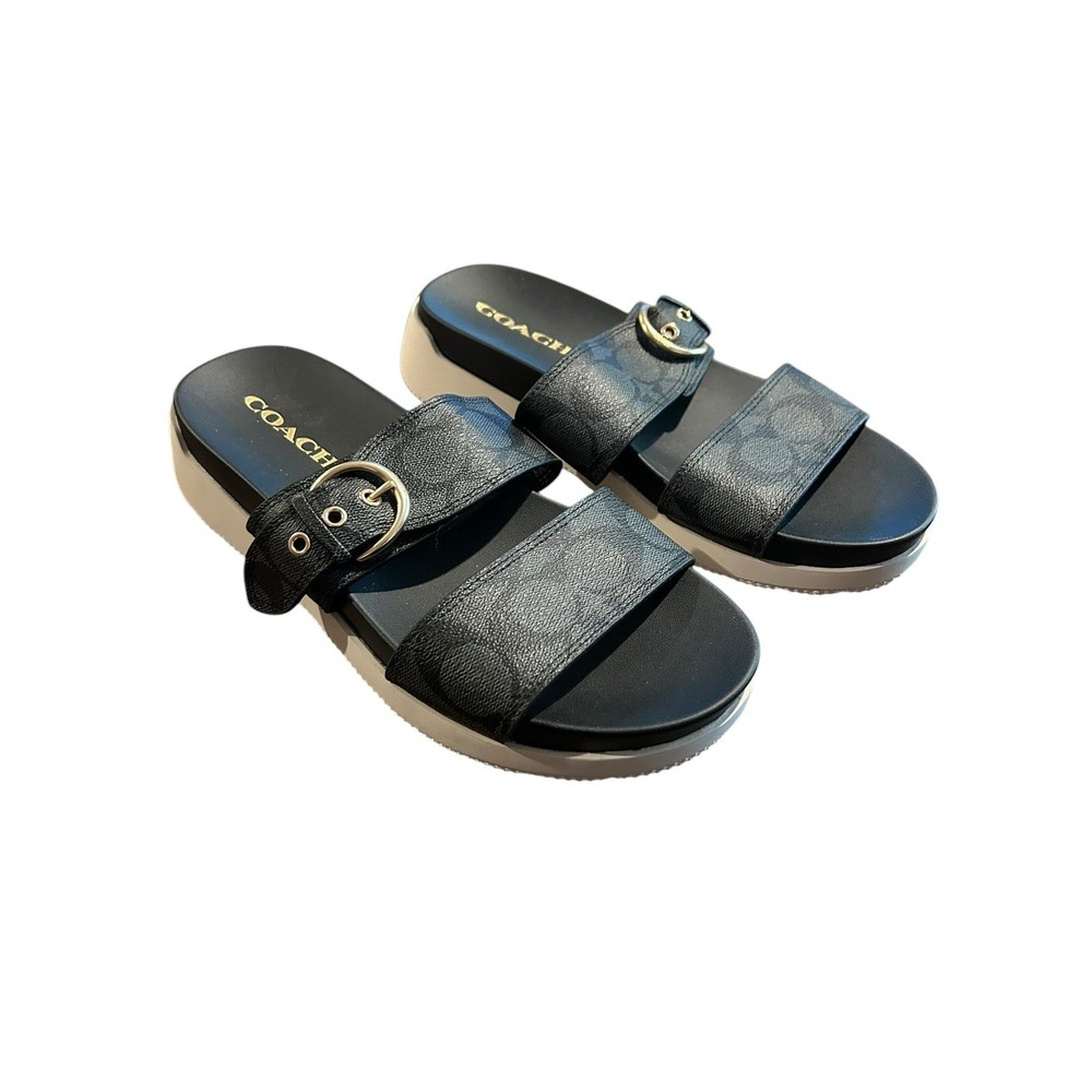 Coach Gwen‎ C8925 Signature Black Buckle Strap Leather Sandals Women US 7.5B - Picture 2 of 9